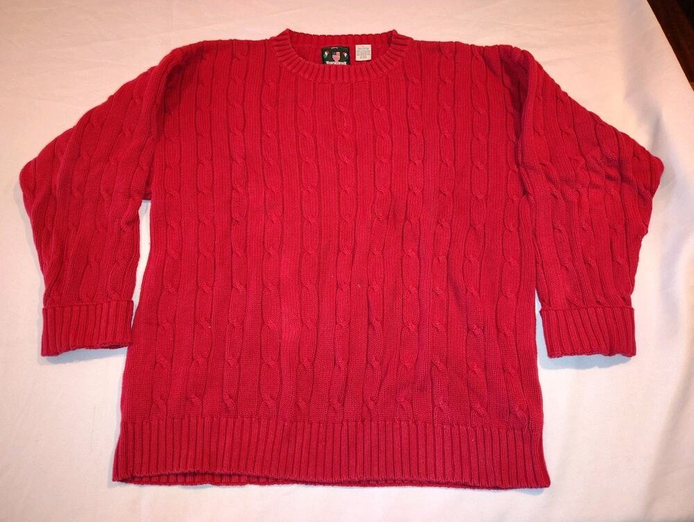 Vintage Izod Lacoste Chunky Cable Knit Red Sweater Size L 100% Cotton